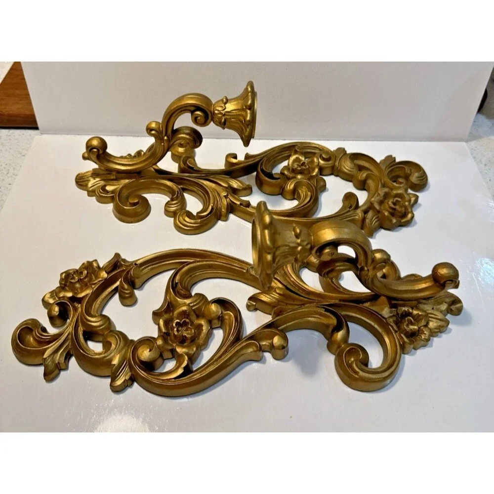Vintage 1971 Homco Ornate Floral Scroll Wall Sconces Candle Holders Hollywood